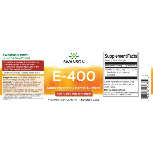 Swanson E-400 vitamin 180mg 60 kapszula d-alfa-tokoferol-acetát