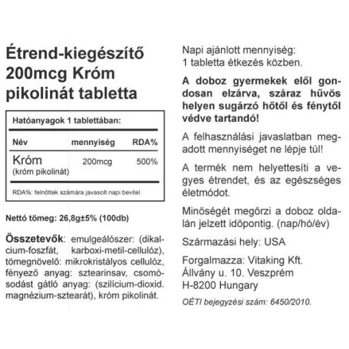 Vitaking Króm pikolinát 200mcg (100) tabletta