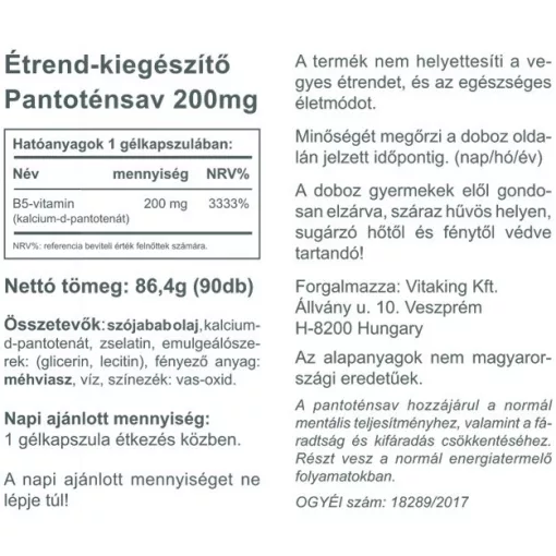 Vitaking B5 Pantoténsav 200mg (90) lágykapszula