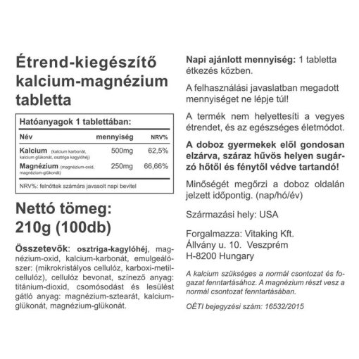 Vitaking Calcium+Magnesium 500mg/250mg (100) tabletta