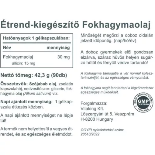 Vitaking Fokhagymaolaj 15mg Allicin (90) lágykapszula