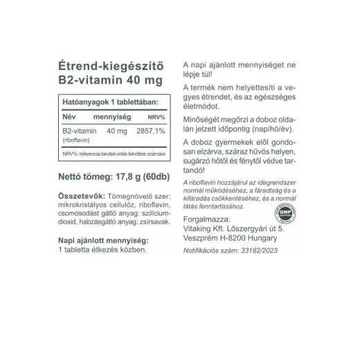 Vitaking B2 vitamin Riboflavin 40mg (60) tabletta
