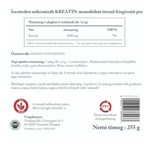 Vitaking 100% Kreatin monohidrát (natúr, mikronizált) 255g doypack